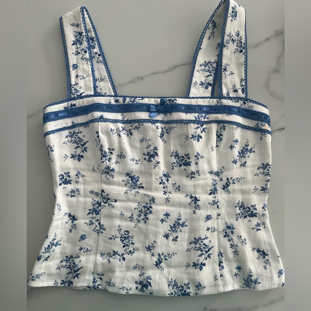 Reformation Eloise linen top, blue floral, size 4